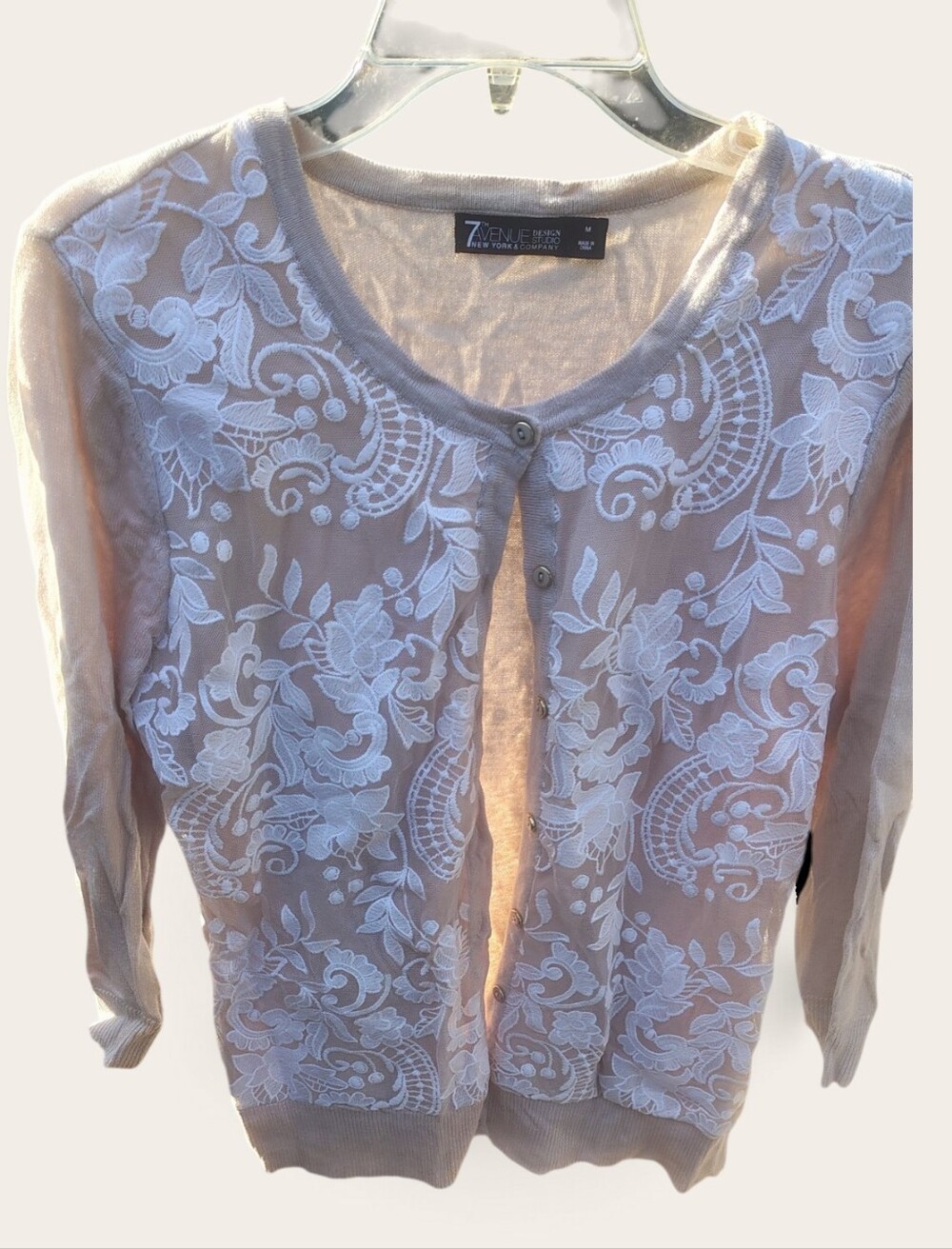 Avenue Blush Pink Cardigan with White Lace Overlay Med